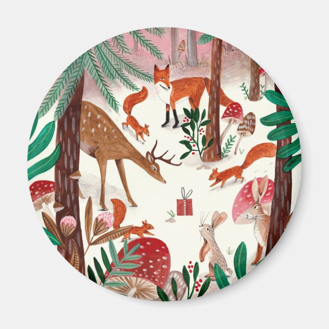 Cute Woodland green & pink woodland animals Forest Magnet (Front)
