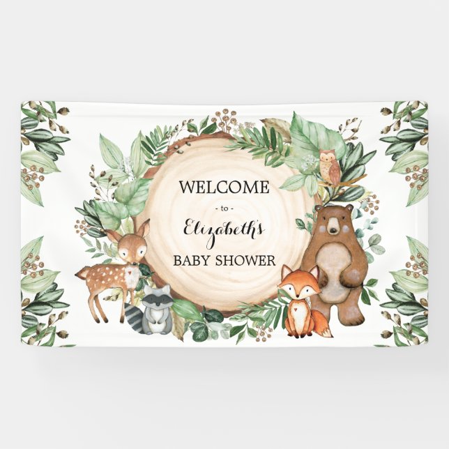 Cute Woodland Greenery Animals Baby Shower Welcome Banner (Horizontal)