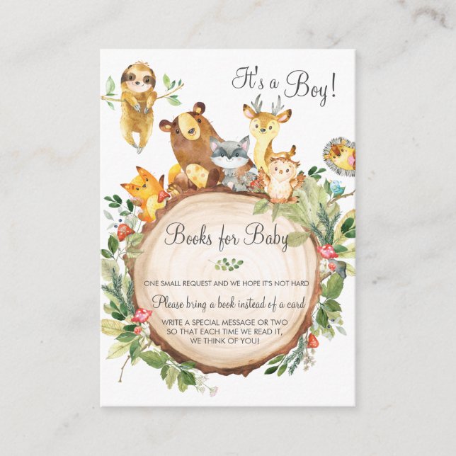 Cute Woodland Greenery Baby Shower Books for Baby Enclosure Card (Front)