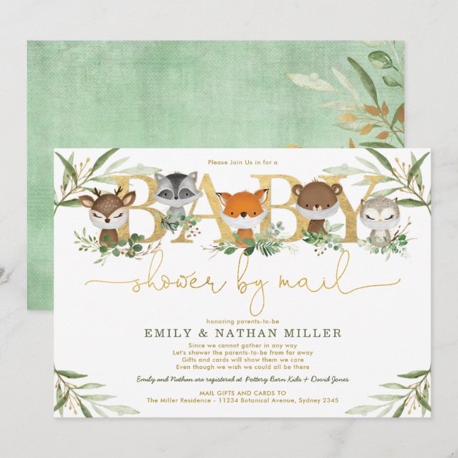 Cute Woodland Greenery Gold Baby Shower By Mail Invitation (Front/Back)