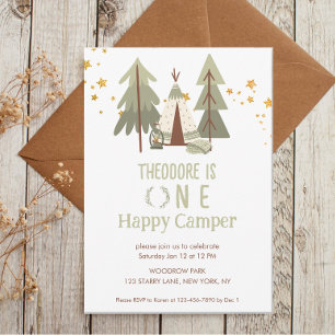 Cute Woodland Happy Camper First Birthday Invitation