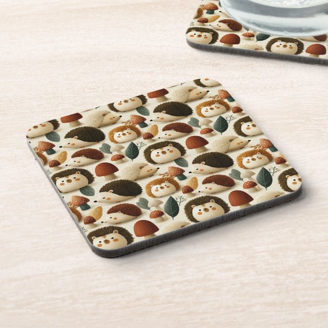 Cute Woodland Hedgehog and Mushroom Pattern Coaster (Left Side)