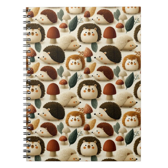Cute Woodland Hedgehog and Mushroom Pattern Notebook (Front)