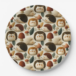 Cute Woodland Hedgehog and Mushroom Pattern Paper Plate