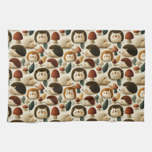 Cute Woodland Hedgehog and Mushroom Pattern Tea Towel
