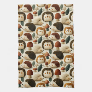 Cute Woodland Hedgehog and Mushroom Pattern Tea Towel