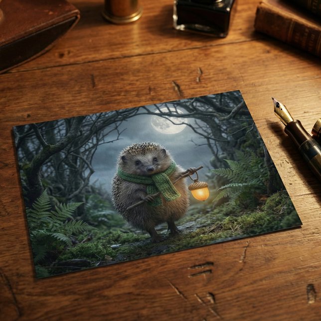 Cute Woodland Hedgehog Lantern | Thinking of You Postcard (A postcard featuring a hedgehog holding a lantern on a moonlight walk. Woodlandcore forest pen pal)