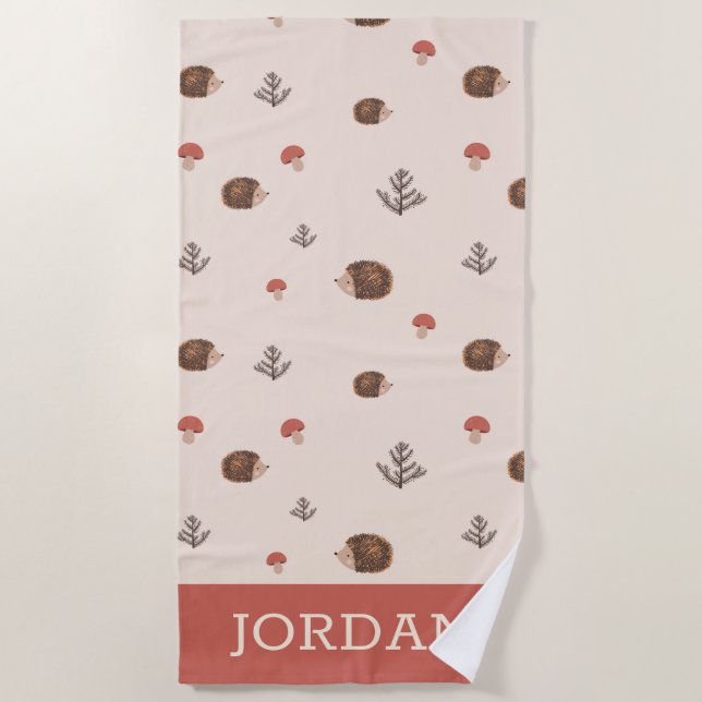 Cute Woodland Hedgehog & Mushroom Pattern Beach Towel (Front)