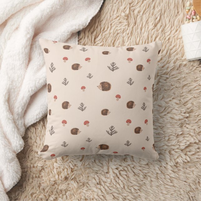 Cute Woodland Hedgehog & Mushroom Pattern Cushion (Blanket)