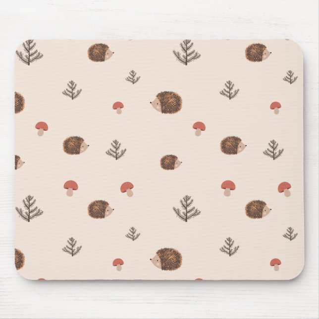 Cute Woodland Hedgehog & Mushroom Pattern Mouse Mat (Front)