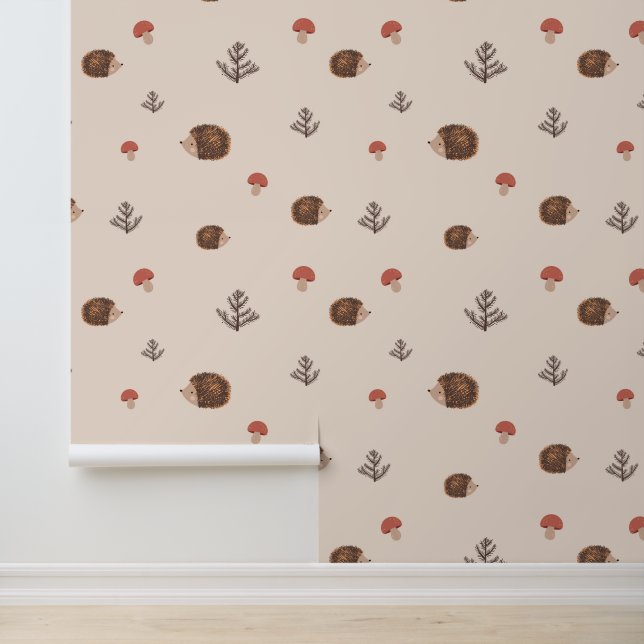 Cute Woodland Hedgehog & Mushroom Pattern Wallpaper (Application)