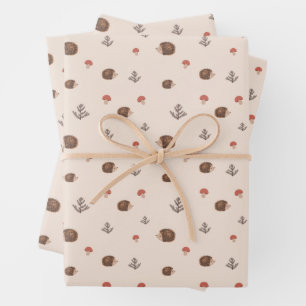 Cute Woodland Hedgehog & Mushroom Pattern Wrapping Paper Sheet