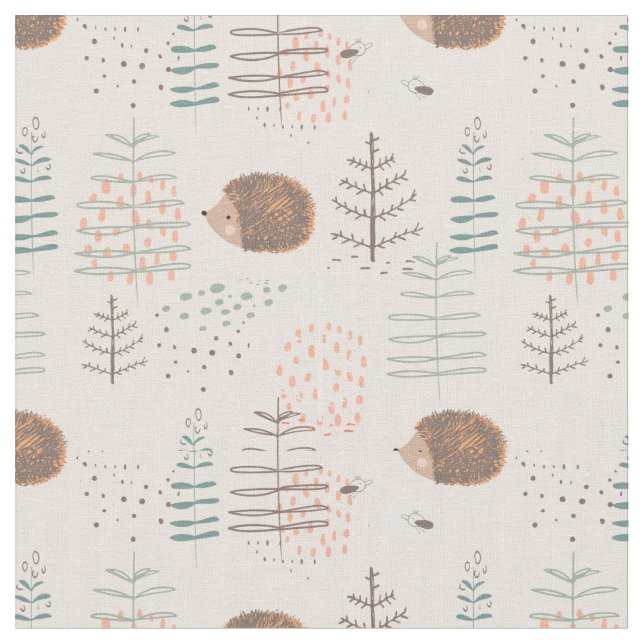 Cute Woodland Hedgehog Pattern Fabric (Close Up)