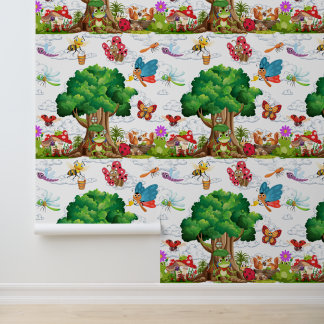 Cute Woodland Insects & Frog Treehouse Kids Wallpaper