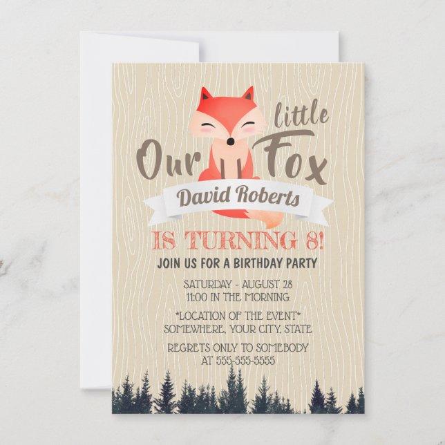 Cute Woodland Little Fox 8th Birthday Party Invitation (Front)