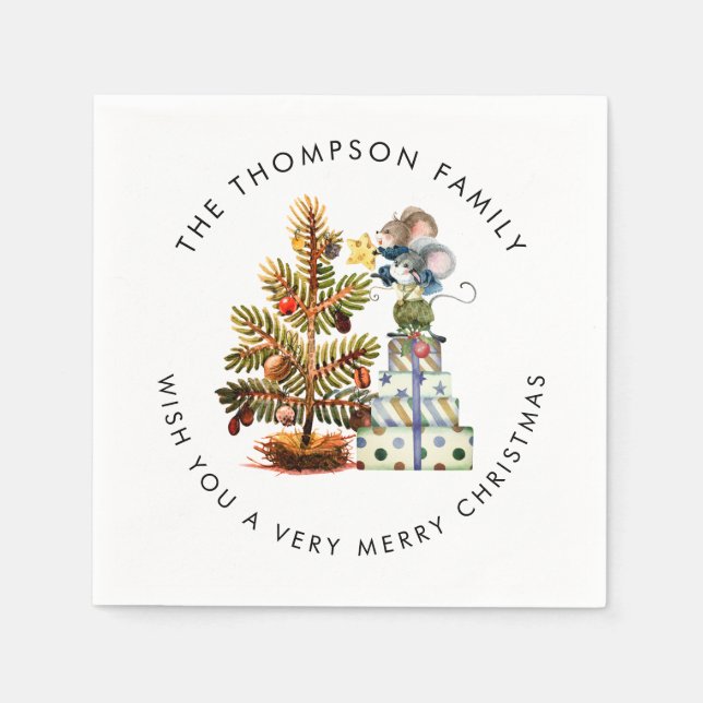Cute Woodland Mice Merry Christmas Tree Name Napkin (Front)