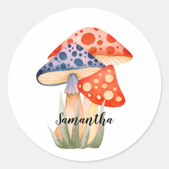 Cute Woodland Mushroom Name Classic Round Sticker (Front)