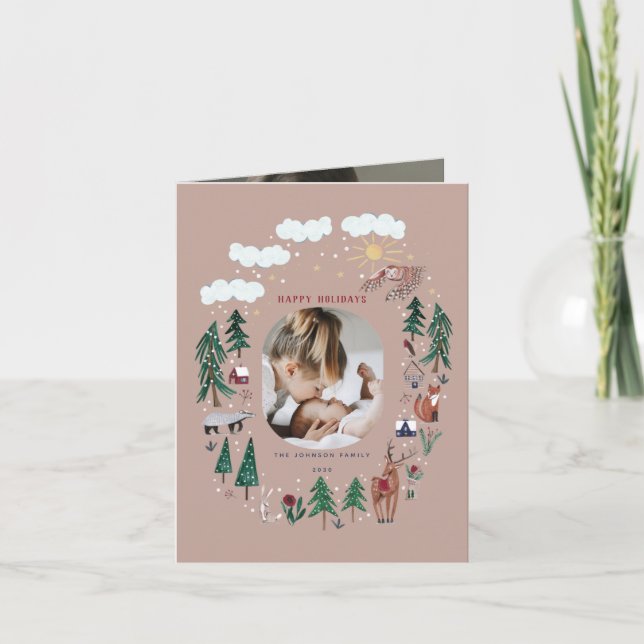 Cute woodland nordic animals snow Christmas Holiday Card (Front)