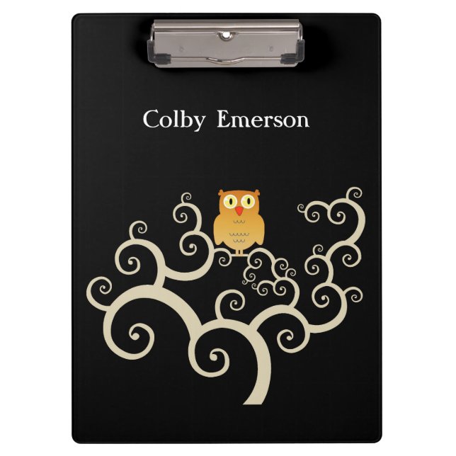 Cute Woodland Orange Owl Whimsical Tree on Black Clipboard (Front)