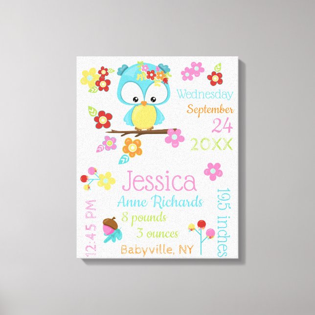 Cute Woodland Owl Baby Girl Birth Record Stats Canvas Print (Front)