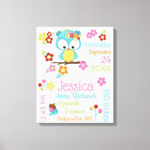 Cute Woodland Owl Baby Girl Birth Record Stats Canvas Print