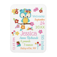 Cute Woodland Owl Baby Girl Birth Record Stats