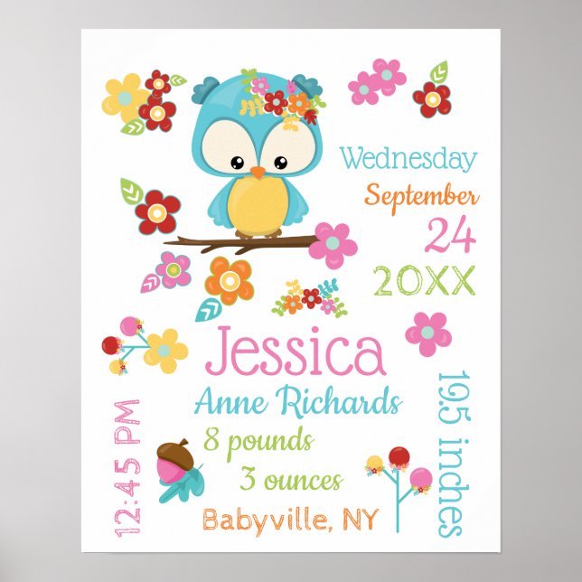 Cute Woodland Owl Baby Girl Birth Record Stats Poster (Front)