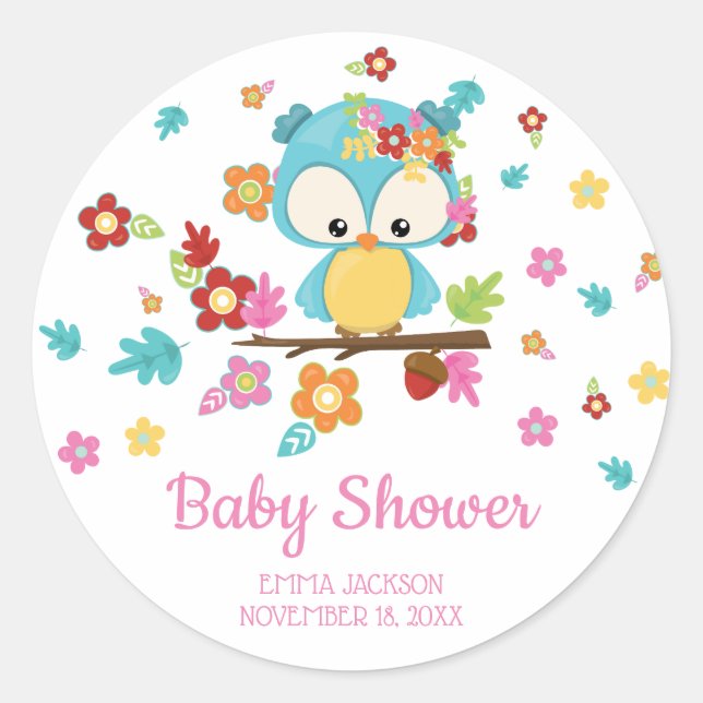 Cute Woodland Owl & Flowers Baby Girl Baby Shower Classic Round Sticker (Front)
