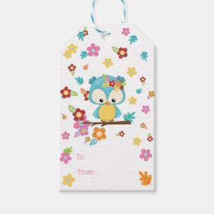 Cute Woodland Owl & Flowers Baby Girl Baby Shower Gift Tags