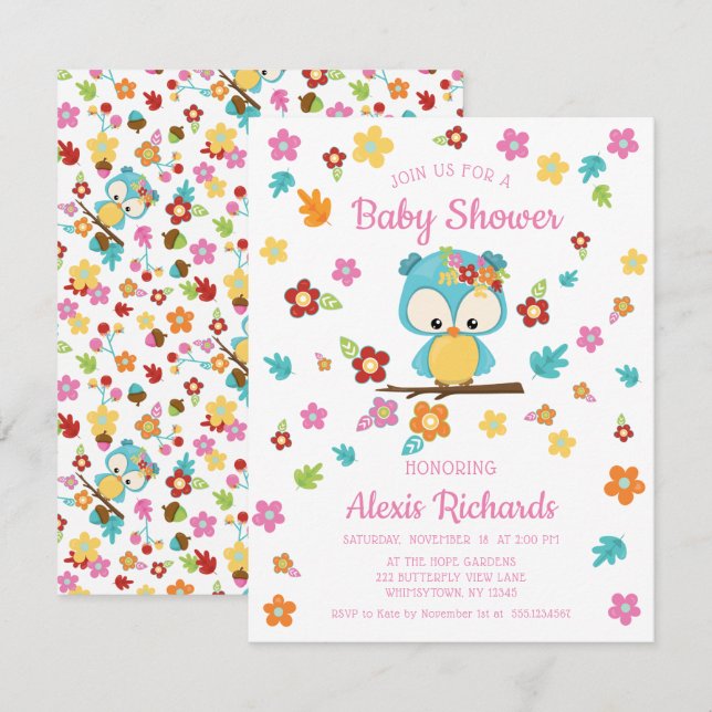 Cute Woodland Owl & Flowers Baby Girl Baby Shower Invitation (Front/Back)