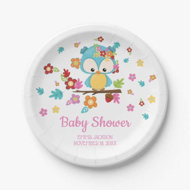 Cute Woodland Owl & Flowers Baby Girl Baby Shower Paper Plate (Front)