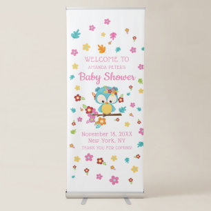Cute Woodland Owl & Flowers Baby Girl Baby Shower Retractable Banner