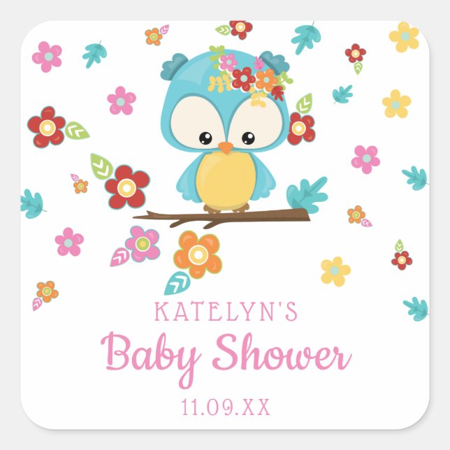 Cute Woodland Owl & Flowers Baby Girl Baby Shower Square Sticker (Front)