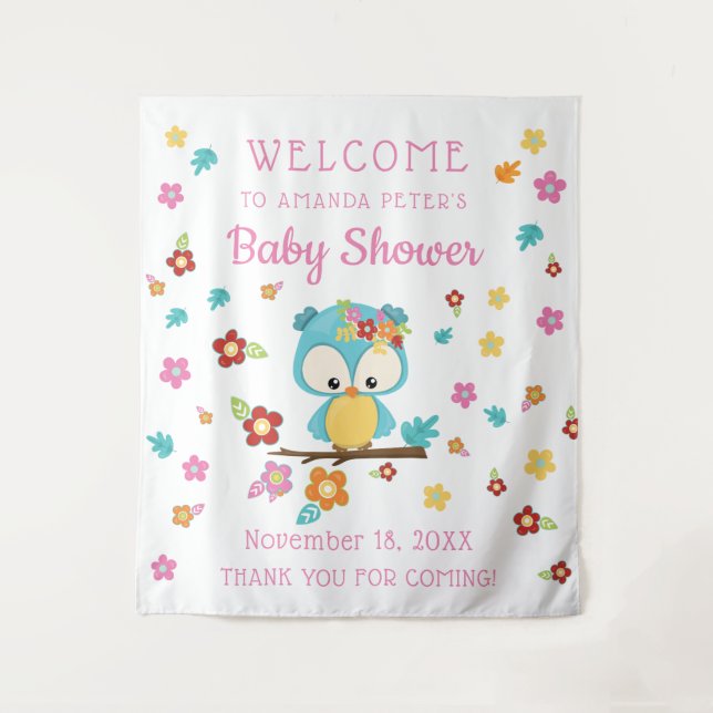 Cute Woodland Owl & Flowers Baby Girl Baby Shower Tapestry (Front)