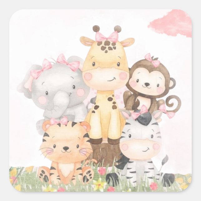 Cute Woodland | Pink Watercolor Girl Baby Shower Square Sticker (Front)
