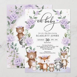 Cute Woodland Purple Floral Greenery Baby Shower Invitation
