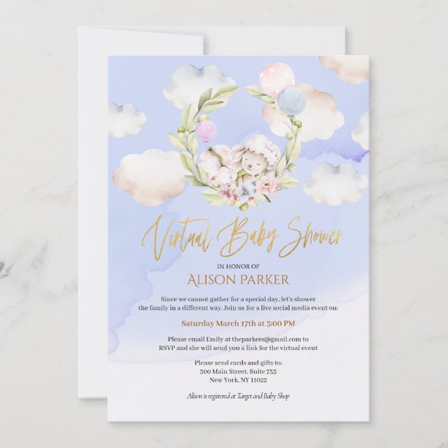 Cute Woodland Rabbit Floral Blue Virtual Shower Invitation (Front)
