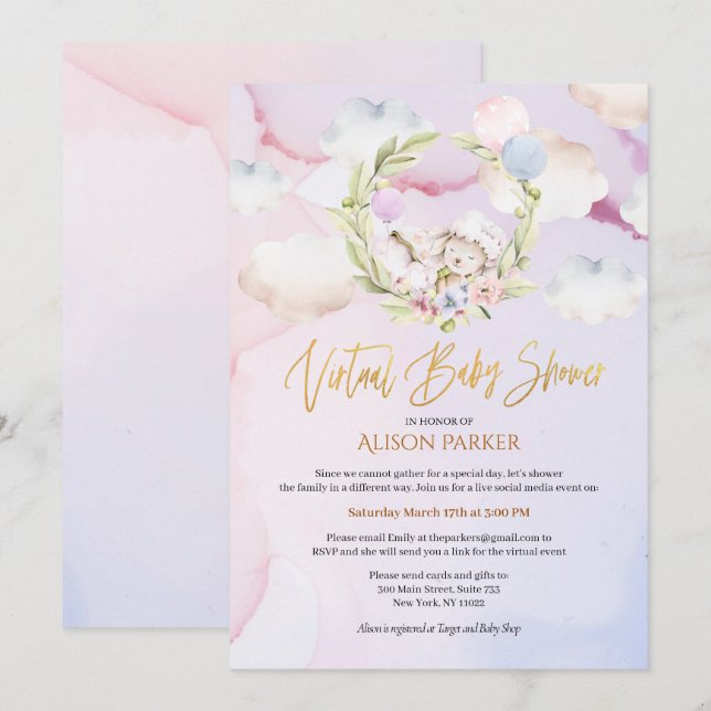 Cute Woodland Rabbit Floral Pink Virtual Shower Invitation (Front/Back)
