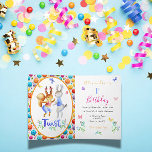 Cute Woodland Rabbits & Polka Dots 1st Birthday Invitation