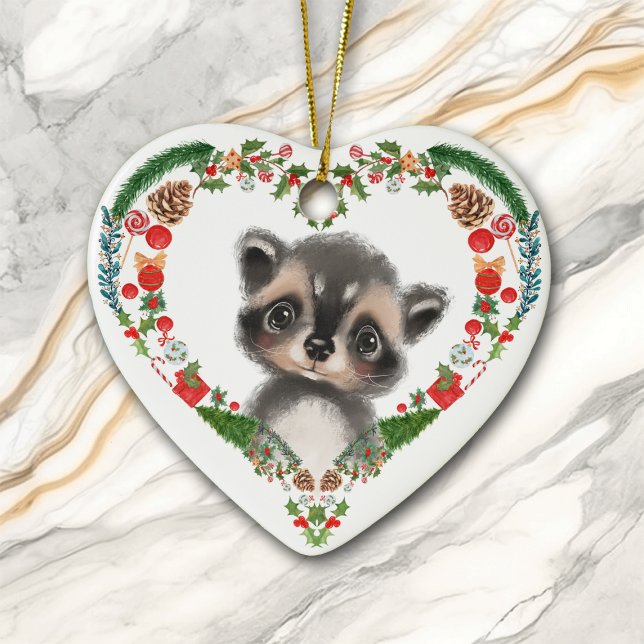Cute Woodland Raccoon Heart Holiday Wreath Ceramic Tree Decoration (Creator Uploaded)