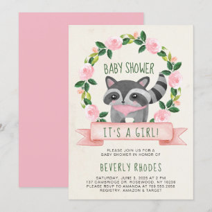 Cute Woodland Racoon Baby Shower It's a Girl Invitation