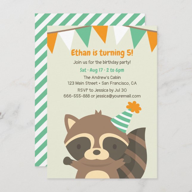 Cute Woodland Racoon Birthday Party Invitations (Front/Back)