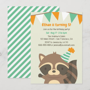 Cute Woodland Racoon Birthday Party Invitations