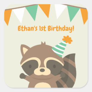 Cute Woodland Racoon Birthday Party Stickers