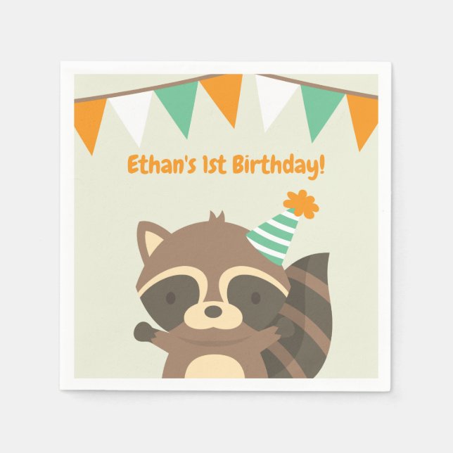 Cute Woodland Racoon Birthday Party Supplies Napkin (Front)