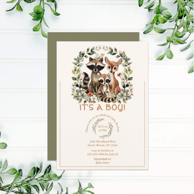 Cute Woodland Racoon Forest Green Baby Shower Invitation (Creator Uploaded)