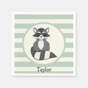 Cute Woodland Racoon; Light Sage Green Napkin