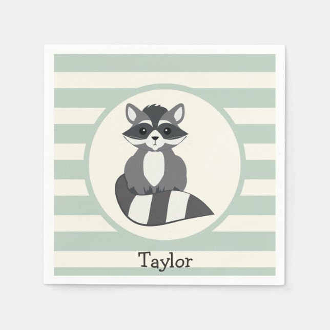 Cute Woodland Racoon; Light Sage Green Napkin (Front)