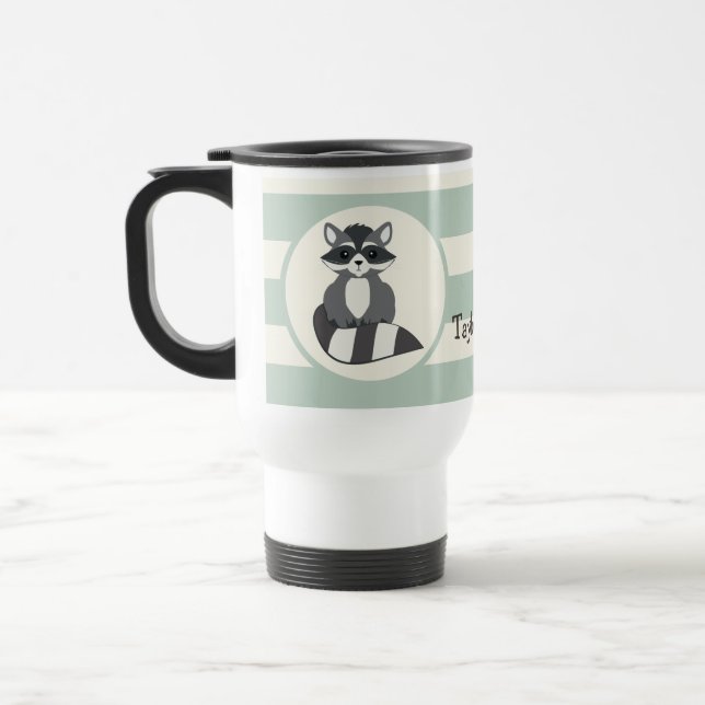 Cute Woodland Racoon; Light Sage Green Travel Mug (Left)
