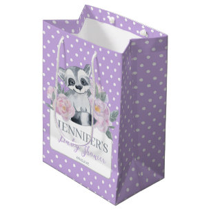 Cute Woodland Racoon Purple Polkadot Baby Shower Medium Gift Bag